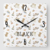 ホワイトナーサリーウォーターカラーヴィンテージおもちゃ 10.75インチ スクエア壁時計 (正面)