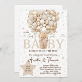 ホワイトニュートラルテディベア赤ちゃんシャワー 招待状 (正面/裏面)