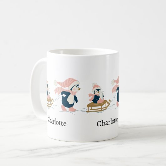 ホワイトネイビーのミニマリストかわいいペンギンのメリークリスマス コーヒーマグカップ (正面左)