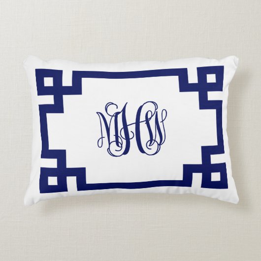 ホワイトネイビーギリシャ鍵つる植物スクリプトモノグラムDIY BG アクセントクッション (正面)