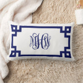 ホワイトネイビーギリシャ鍵つる植物スクリプトモノグラムDIY BG ランバークッション (ブランケット)