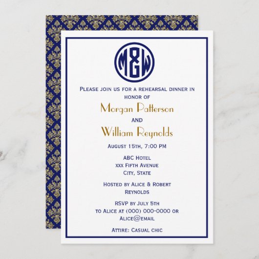 ホワイトネイビーサークルモノグラムフォントDIY BG 招待状 (正面/裏面)