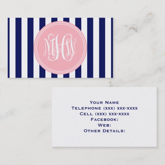 ホワイトネイビーバーストライプトつる植物6x PnkモノグラムDIY BG 名刺 (正面/裏面)