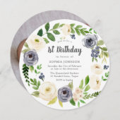 ホワイトネイビーフローラリース写真1st誕生日パーティー 招待状 (正面/裏面)