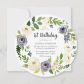 ホワイトネイビーフローラリース写真1st誕生日パーティー 招待状 (正面)