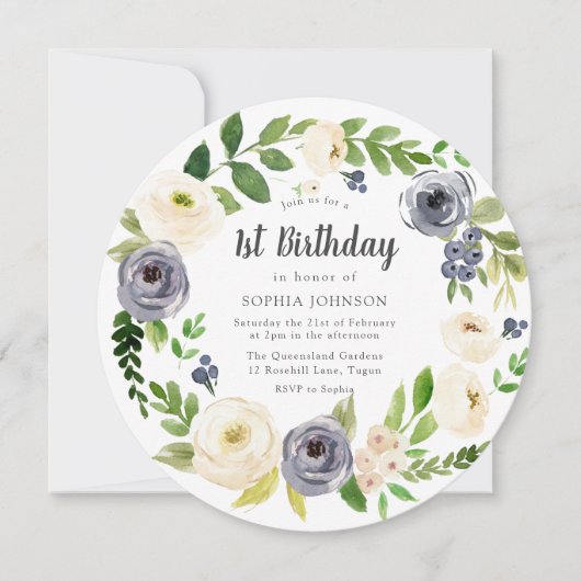 ホワイトネイビーフローラリース写真1st誕生日パーティー 招待状 (正面)