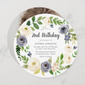 ホワイトネイビーフローラリース写真2nd誕生日パーティー 招待状 (正面/裏面)