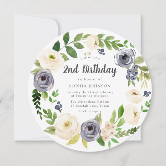 ホワイトネイビーフローラリース写真2nd誕生日パーティー 招待状 (正面)