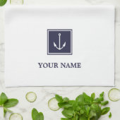 ホワイトネイビーブルーいかりパーソナライズされたキッチンタオル キッチンタオル (折り畳み)