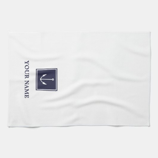 ホワイトネイビーブルーいかりパーソナライズされたキッチンタオル キッチンタオル (横)