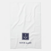 ホワイトネイビーブルーいかりパーソナライズされたキッチンタオル キッチンタオル (縦)