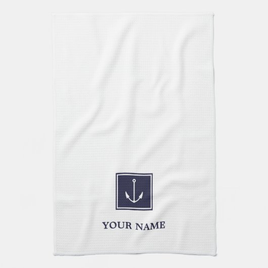 ホワイトネイビーブルーいかりパーソナライズされたキッチンタオル キッチンタオル (縦)