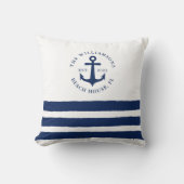ホワイトネイビーブルーストライプズ家族モノグラム航海の クッション (正面)