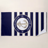 ホワイトネイビーブルーストライプビーチハウスオレイクハウス ビーチタオル (正面)