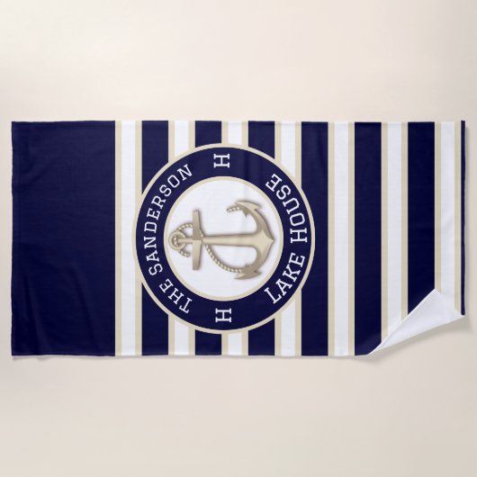 ホワイトネイビーブルーストライプビーチハウスオレイクハウス ビーチタオル (正面)