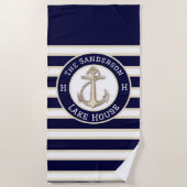 ホワイトネイビーブルーストライプビーチハウスオレイクハウス ビーチタオル (正面)