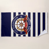 ホワイトネイビーブルーストライプビーチハウスオレイクハウス ビーチタオル (正面)