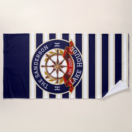ホワイトネイビーブルーストライプビーチハウスオレイクハウス ビーチタオル (正面)