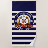 ホワイトネイビーブルーストライプビーチハウスオレイクハウス ビーチタオル (正面)