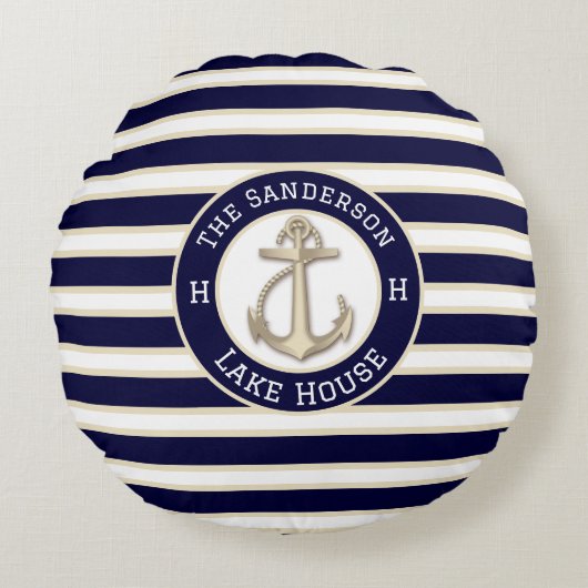 ホワイトネイビーブルーストライプボートネームいかりへようこそ ラウンドクッション (正面)