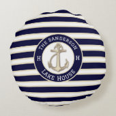 ホワイトネイビーブルーストライプボートネームいかりへようこそ ラウンドクッション (裏面)