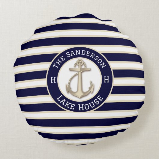 ホワイトネイビーブルーストライプボートネームいかりへようこそ ラウンドクッション (裏面)
