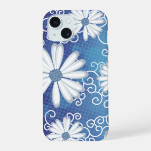 ホワイトネイビーブルードットデイジー花花フローラルパターン iPhone 15ケース