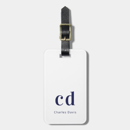 ホワイトネイビーブルーネームイニシャルミニマルモダンリスト ラゲッジタグ (正面縦)