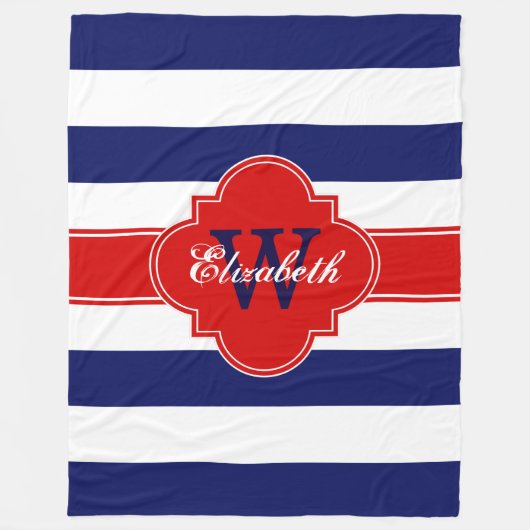 ホワイトネイビーブルーレッドLGストライプクローバー3INQR フリースブランケット (正面)