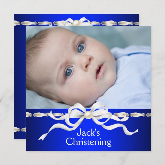 ホワイトネイビーブルー男の赤ちゃんフォト《キリスト教》洗礼式や命名式 招待状 (正面/裏面)