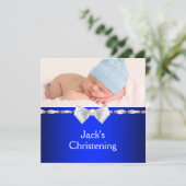 ホワイトネイビーブルー男の赤ちゃんフォト《キリスト教》洗礼式や命名式 招待状 (スタンド正面)