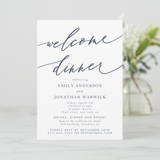 ホワイトネイビーブルー結婚のウェルカムディナー 招待状 (スタンド正面)
