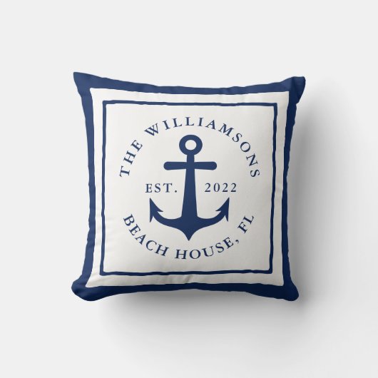 ホワイトネイビーブルー航海のいかりファミリーモノグラム クッション (正面)