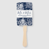 ホワイトネイビー図解花模様結婚式 プログラム ハンドファン (正面)