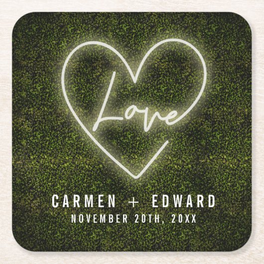 ホワイトネオンサイン愛ハート結婚ズ スクエアペーパーコースター (正面)