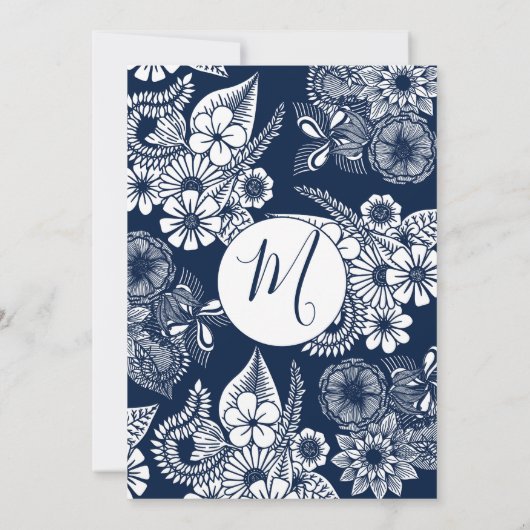 ホワイトネービーブルーのイラストレーティ結婚ング花模様ズ 招待状 (裏面)