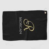 ホワイトネームとラージ金ゴールドイニシャルオン黒 ゴルフタオル (横)