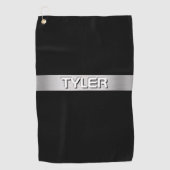 ホワイトネーム、ブラッシュシルバーストライプ、ブラック ゴルフタオル (正面)