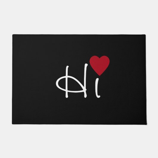 ホワイトハイと濃い赤いハートオンブラック ドアマット (正面)