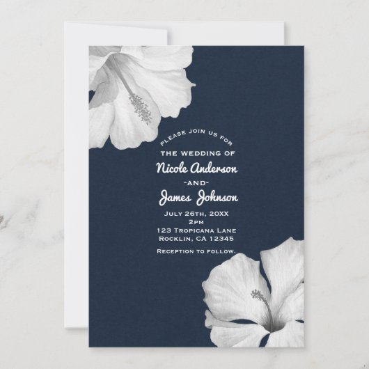 ホワイトハイビスカスブルー熱帯結婚式招待状 招待状 (正面)