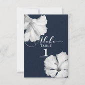 ホワイトハイビスカスブルー結婚トロピカルテーブル番号 招待状 (正面)