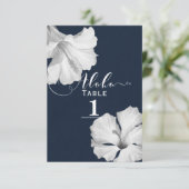 ホワイトハイビスカスブルー結婚トロピカルテーブル番号 招待状 (スタンド正面)
