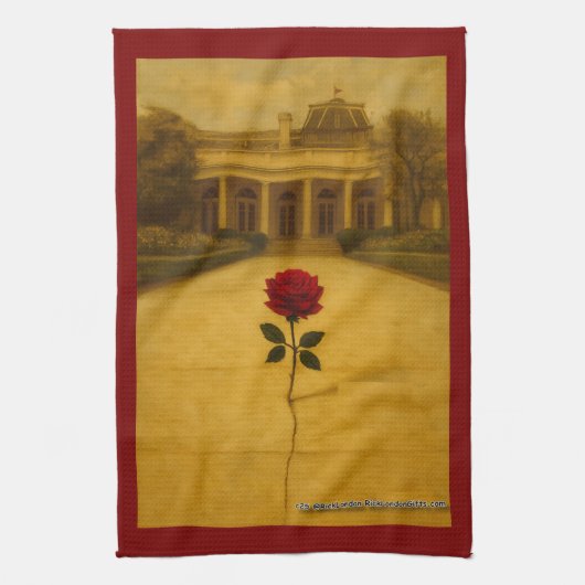 ホワイトハウスの裏: ひび割れた石畳の薔薇 キッチンタオル (縦)