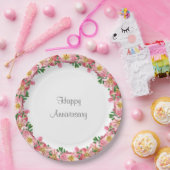 ホワイトハッピーアニバーサリーにピンク色のフラワーガーランド ペーパープレート (パーティー)