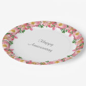 ホワイトハッピーアニバーサリーにピンク色のフラワーガーランド ペーパープレート (アングル)