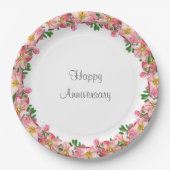 ホワイトハッピーアニバーサリーにピンク色のフラワーガーランド ペーパープレート (正面)