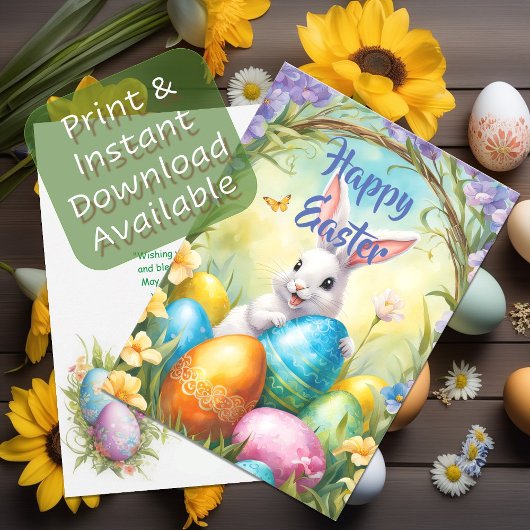 ホワイトハッピーイースターバニーカラフル卵 シーズンカード