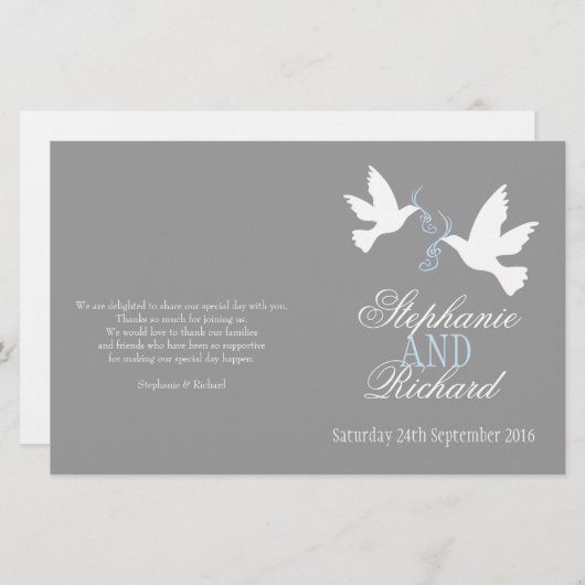 ホワイトハト青いリボングレー結婚式 プログラム (正面/裏面)