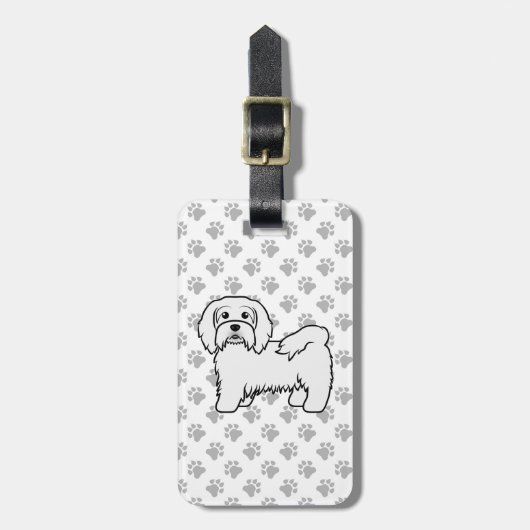ホワイトハバニーズかわいい漫画の犬とカスタム文字 ラゲッジタグ (正面縦)