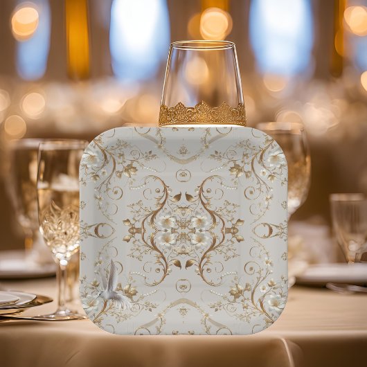 ホワイトハミングバードミニマルフローラ紙プレート ペーパープレート